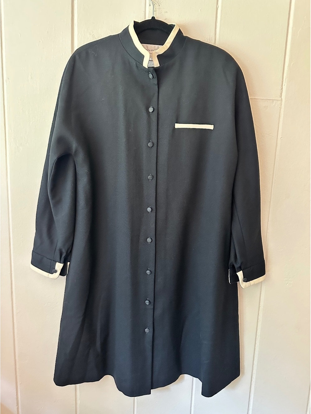 Vintage 90s Evan Picone Black Wool Dress Mandarin Collar Contrast Trim Size 10